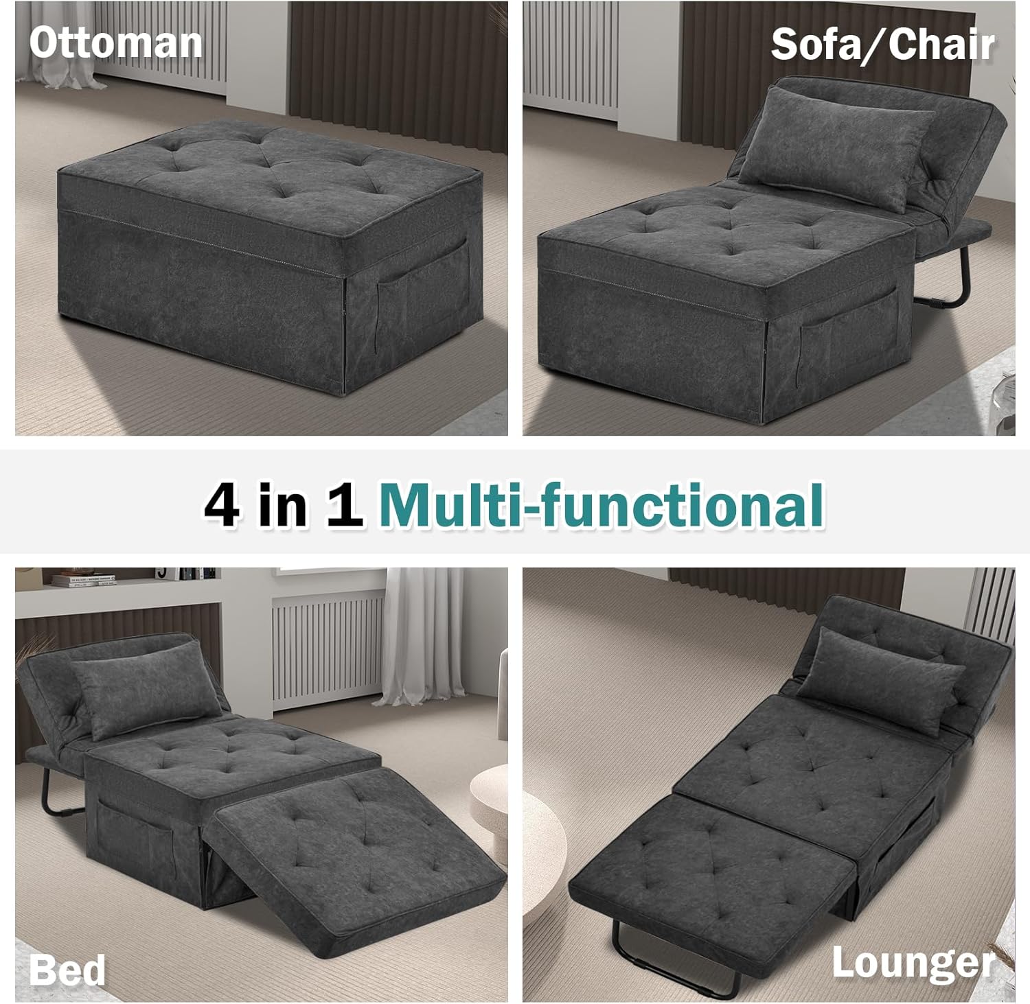 Modern 4-in-1 Sleeper Chair, Folding Sofa Bed Ottoman