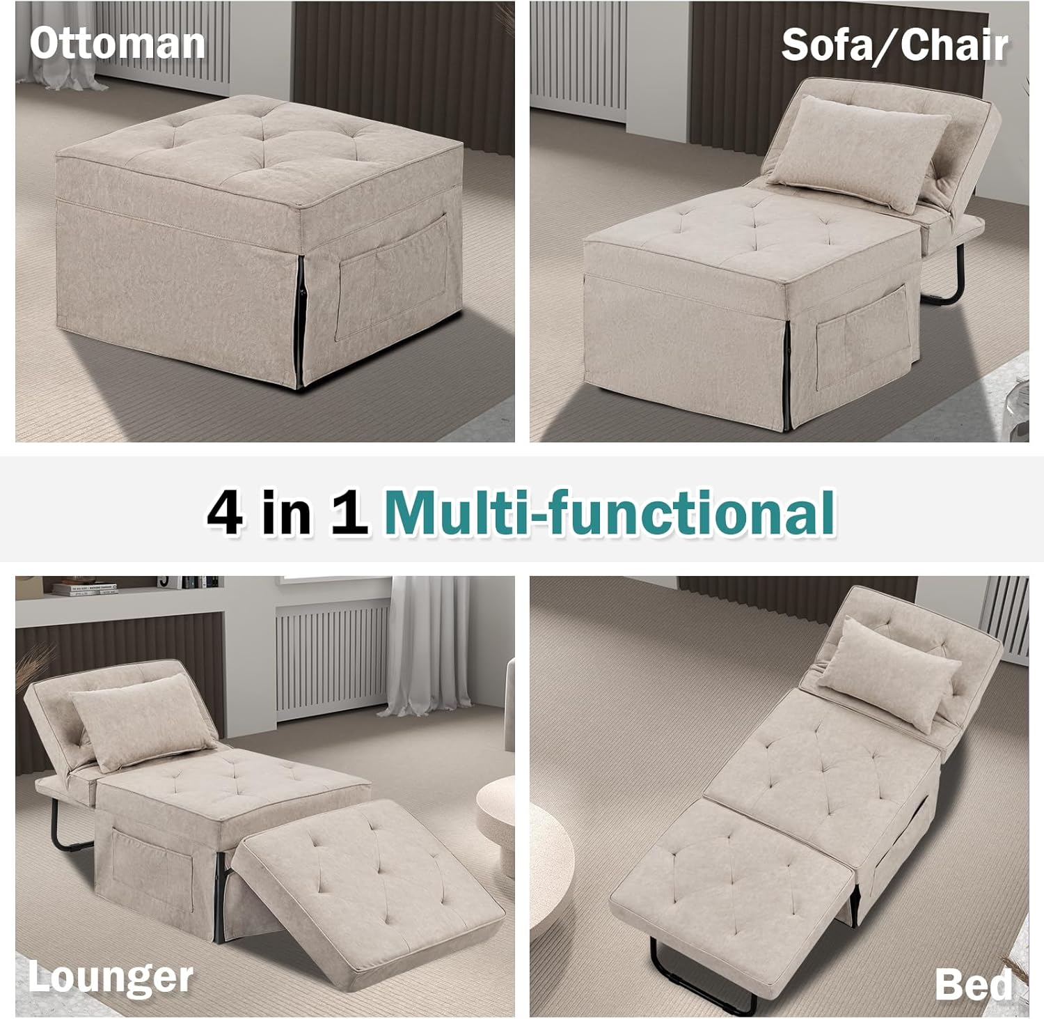 Modern 4-in-1 Sleeper Chair, Folding Sofa Bed Ottoman